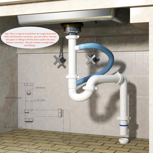 Kitchen Sink Drain Kit,1-1/2”,for Most Kitchen Sink Drain Repair Kit and Bathroom Sink Drain Kit, Kitchen Sink P Trap Drain Kit 1 1/2” for Sink Plumbing Kit, Completed Sink Pipe Replacement Kit