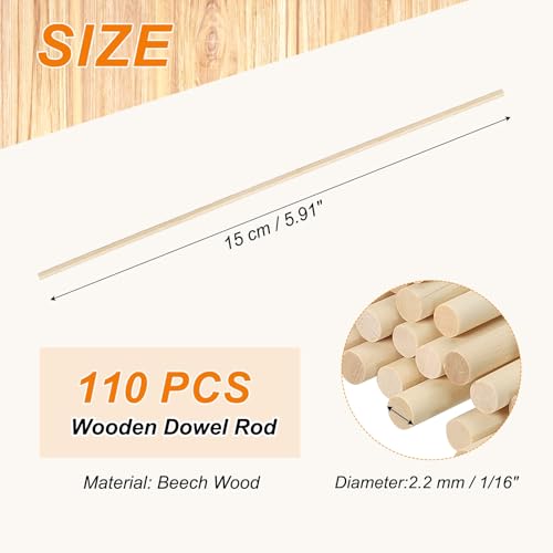 PATIKIL 1/16 x 6 Inch Wooden Dowel Rod, 110 Pcs Wood Dowels Unfinished Round Wood Sticks Hardwood Sticks for Craft DIY Projects Home Decor, Natural Color - size: 1/16 x 6 Inch