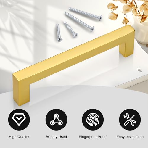 Probrico 10 Pack Gold Cabinet Pulls Square Kitchen Cabinet Hardware 5 Inch(128mm) Hole Center Modern Drawer Handles Stainless Steel Golden Drawer Pulls for Cupboard - color: Gold, size: hole center 5"