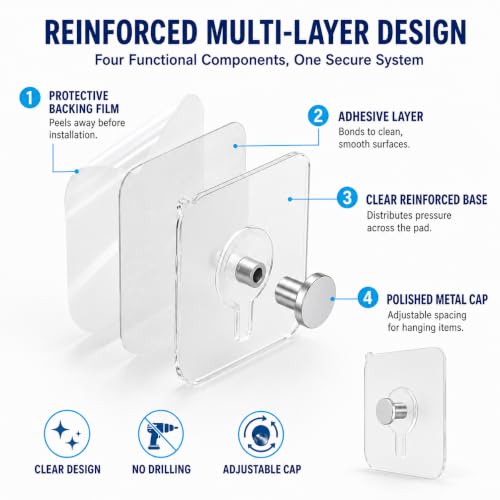 Adhesive Wall Hooks Heavy Duty, No-Drill Clear Hooks for Bathroom and Kitchen, Water-Resistant Holders for Towels, Keys and Small Accessories, 10 Pack