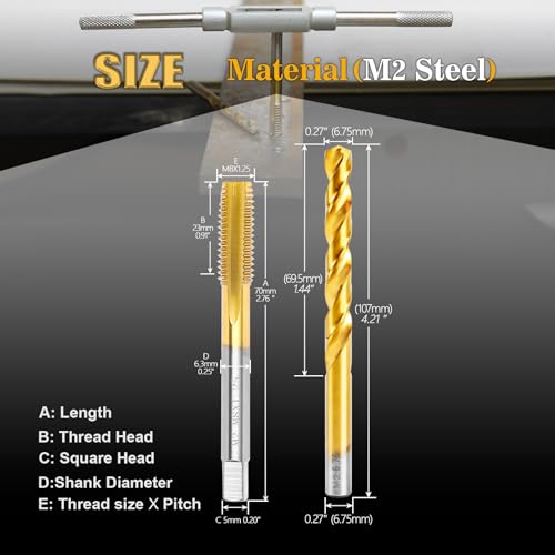 M8 x1.25 Tap and 6.75mm Drill Bit,M2 HSS Metric Threading Drill and Tap - size: M8 x1.25 Tap & 6.75mm Drill