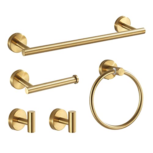 Bathroom Hardware Set Brushed Gold, 10pcs Towel Bar Set Including 2pcs16 inch Towel Bars, Toilet Paper Holders, Towel Rings and 4pcs Robe Towel Hooks - color: Gold-10pcs-16inch