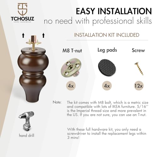 6 inch Solid Wood Furniture Spool Legs with M8 Bolts 4PCS Walnut - color: Walnut, size: 6"/15cm