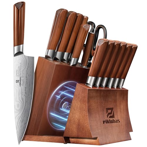 Kitchen Knife Sets With Block, Piklohas 15 Pieces Knife Sets With Magnetic Detachable Knife Holder, High Carbon Steel Damascus Pattern Chef Knife Set With Steak Knives, Ideal For House Warming Gift