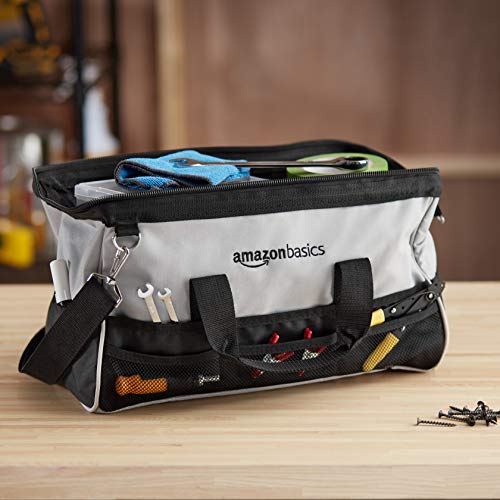 Amazon Basics Durable Wear-Resistant Tool Storage Bag with Adjustable Shoulder Strap, Portable Tool Organizer, 16 in, Black & Grey - size: Large Standard Bag