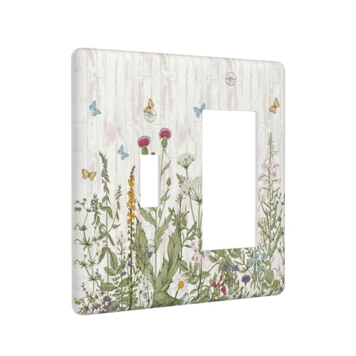Vintage Floral Wildflower Butterfly Flower Wood Grain Outlet Covers 1 Toggle 1 Rocker Combination Decorative Wall Plate Electrical Switch Plates Light Switch Cover Plate for Farmhouse Living Room - color: Vintage Floral Wildflower Butterfly Flower Wood Gr
