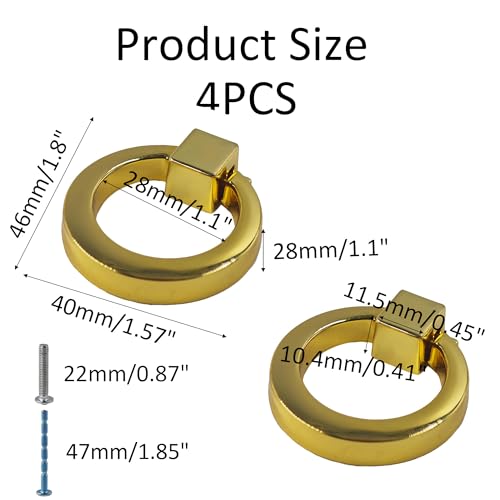 4Pcs Gold Zinc Alloy Cabinet Ring Knobs, Modern Round Drawer Pulls with Mounting Screws, Single Hole Dresser Handles for Kitchen Furniture, Wardrobe and Bathroom Hardware - color: Gold