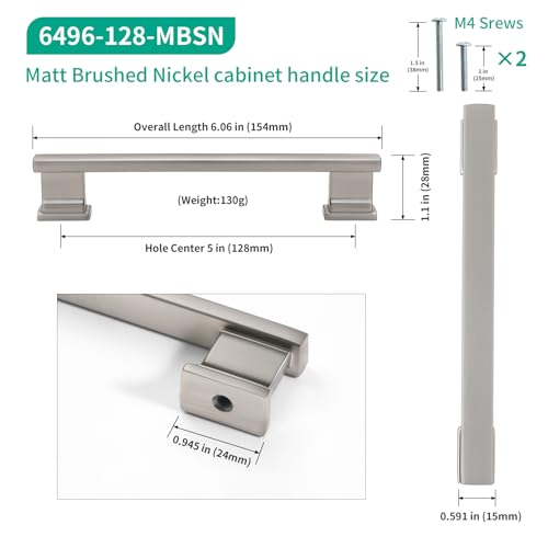 Matt Brushed Nickel Kitchen Square Cabinet Handles 5 Inch 10 Pack - color: Matt Brushed Nickel, size: 5"/128MM Hole Center