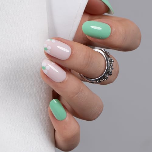CurvLife Short Oval Floral Press On Nails, Spring Dot White, Soft Gel - color: C3 - Spring Dot