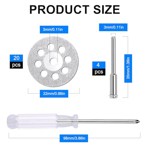20 PCS Professional 545 Diamond Cutting Discs，Diamond Cutting Wheel Kit for Dremel Rotary Tools | 22mm Blades + 4 Mandrels & Screwdriver