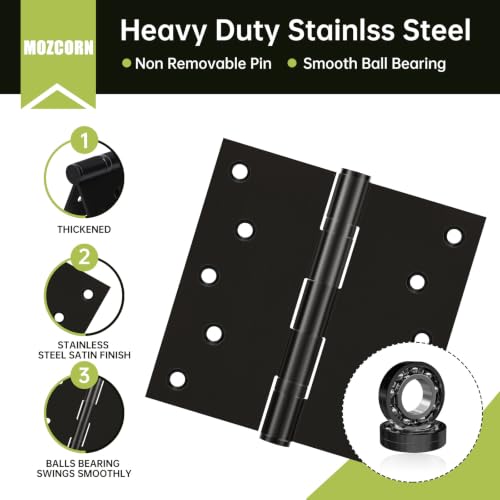 Black Stainless Steel Door Hinges 5x5 Inches (3 Pack), Heavy Duty Ball Bearing Hinges with Mounting Screws, Rustproof and Quiet - size: 5x5inch - 3 Pcs