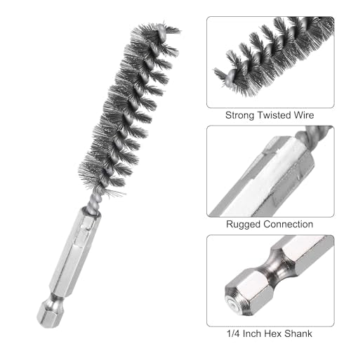 HARFINGTON 6Pcs Stainless Steel Bore Brush 14mm Dia 4" Long Cleaning Twisted Wire Brush with Handle 1/4" Hex Shank for Tubes, Ports, Bearings - size: 14mm