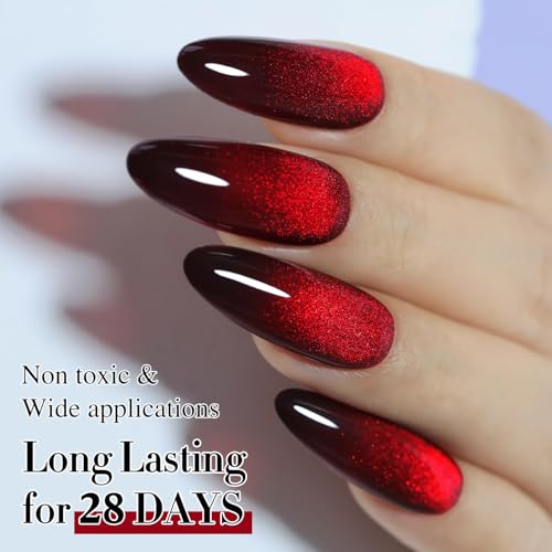 Double Rhythm Jelly Glass Cat Eye Gel Polish with Magnet 15ML Holographic Glitter Shimmer Translucent Sheer Color Magnetic Nail Polish Salon DIY at Home (Blood Red-MC1107) - color: Jelly Blood Red