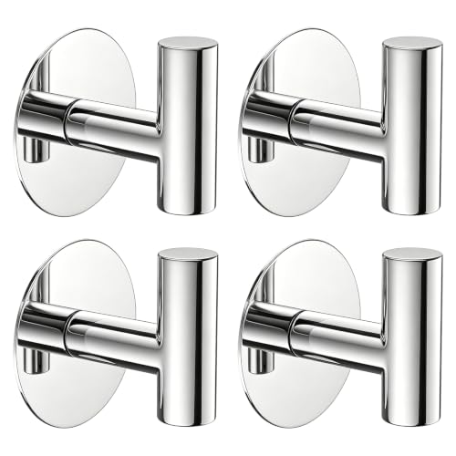 Heavy Duty Adhesive Hooks, Stainless Steel Towel Hooks for Bags, Towels, Robes, Hats, Aprons – No Drill Bathroom, Kitchen, Hotel Wall Hooks (Chrome, 4 Pack) - color: Chrome, size: Adhesive "T" Shape- 4 Pack