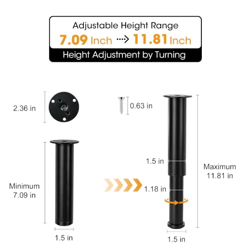 7.09-11.81 Inch Black Adjustable Height Couch Furniture Legs 4 Pcs - size: 7.09-11.81 inch (4 Pcs)