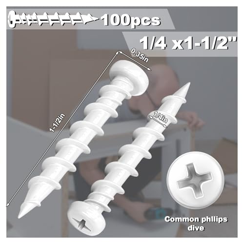 Blulu 100 Pcs Drywall Anchors 1/4 x 1-1/2 Inch Alloy Steel Light Wall Anchors Heavy Duty Self Drilling Screws for Drywall, Wood and Other Masonry Materials (White) - color: White