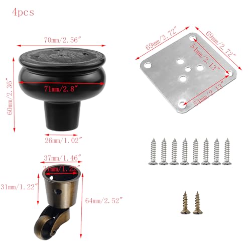4pcs 4" Wooden Furniture Legs with Casters, Black, Gourd Shape - color: Black, size: Height: 4"