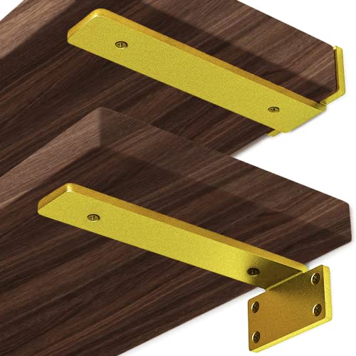 YMDparts Heavy Duty Shelf Brackets, 5mm Thick Rustic Gold Shelf Brackets for Custom Wood Shelves, 12 Inch Solid Steel Wall Mount Brackets with Hardware Needed (6Pcs) - color: Gold, size: 12 Inch