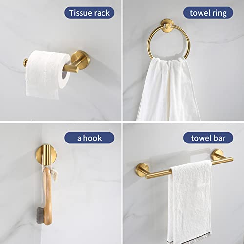 Bathroom Hardware Set Brushed Gold, 10pcs Towel Bar Set Including 2pcs16 inch Towel Bars, Toilet Paper Holders, Towel Rings and 4pcs Robe Towel Hooks - color: Gold-10pcs-16inch