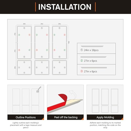 Pre-Cut Peel and Stick Wall Molding Kit Wainscoting Trim- Self Adhesive Premade Accent Panel Chair Rail for Interior Moulding Home Decor Accent Wall Set of 6 pcs - 3 Top 3 Bottom, Ready to Assemble - size: (54×24+24×24),Set of 3