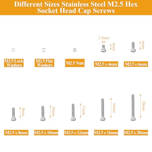 565 Pieces M2.5 Screws Nuts Washers Set, Sutemribor M2.5 x 4/6/8/10/12/16/20mm Hex Socket Head Cap Screws Nuts Washers Assortment Kit, 304 Stainless Steel, Fully Threaded - size: M2.5, style: Socket Head
