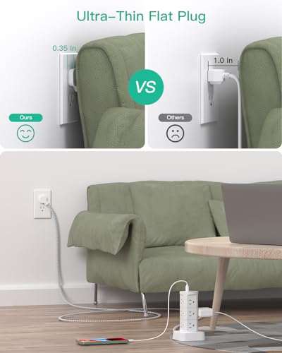 Power Strips with Surge Protection, Flat Plug Power Strip Tower - color: White, size: 6 FT