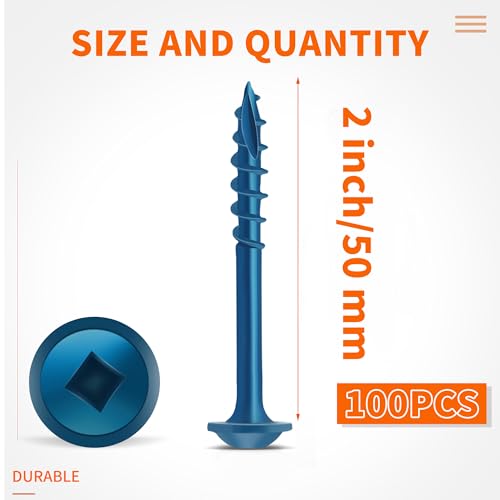 100 PCS #8 x 2 Blue Coated, Hardened Steel Pocket Hole Screws, No.8 x 2 Inch Square Drive Washer Head Wood Screw, 2" & 6" Bit Included, Partially Threaded Self Tapping by TPOHH - size: #8 X 2 inch