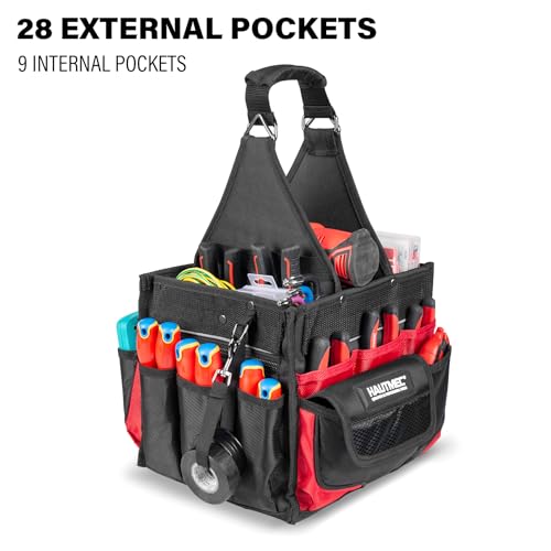 HAUTMEC Heavy Duty Electrician Tool Bag with Removable Parts Tray, 37-Pocket Tool Tote Organizer, Open Top Tool Carrier with Shoulder Strap for Electrician, HVAC, Mechanic & Maintenance – HT0174