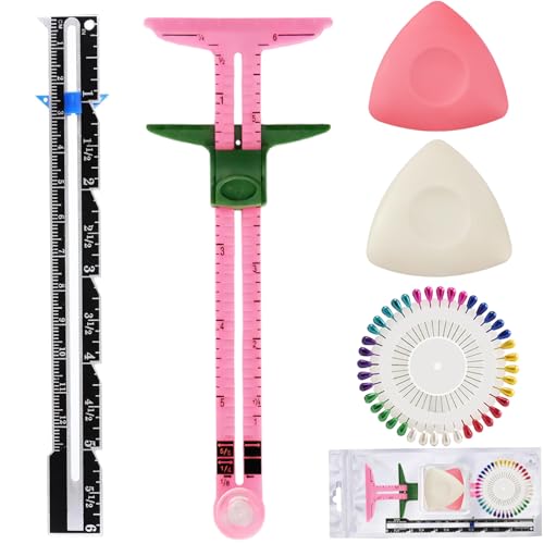 Sewing Gauge Measuring Tool Set, 5-in-1 Sliding Marker & Seam Gauge Ruler | Acrylic T-Shaped Quilting Ruler Set, Essential Sewing & Quilting Tools for Hemming, Buttonhole Marking & Crafting 5Pcs Pink - color: Pink