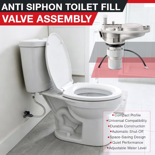 Anti Siphon Toilet Fill Valve Assembly, Toilet Fill Valve Replacement Kit for Most Toilets, Excluding One Piece Low Boys, White