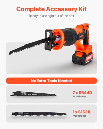 VEVOR 20V Brushless Reciprocating Saw, Cordless Reciprocating Saw with Battery, 3000 SPM Variable Speed, 1" Stroke Length Charger, 8 Blades, and Carrying Bag, for Wood, Metal and Plastic Cutting - size: 1-1/8 in-20V