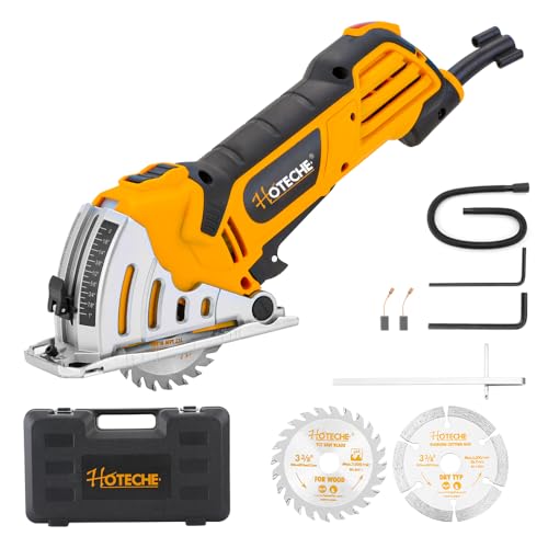 Hoteche 3-3/8-Inch Mini Circular Saw, 500W Compact Electric Circular Saw with 2pcs Blades for Wood, Tile & Soft Metal, Includes Dust Tube, and Parallel Guide - size: 3-3/8-Inch 500W