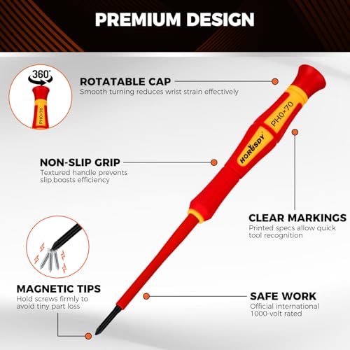 HORUSDY 12-Piece Precision Screwdriver Set, 1000V Insulated Electrician Screwdrivers with Magnetic Tips & Rotatable Top Cap, Phillips PH0/PH00, Slotted 1.8–3mm & Torx T5–T10 with Portable Storage Bag - style: 12-Piece Precision Screwdriver Set
