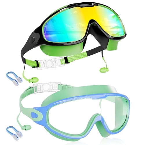 Aegend New Kids 2 Pack Wide View Swim Goggles, Anti-Fog/UV No Leak Goggles with Ear Plugs Kids 3-14 - color: Green Gold & Light Green