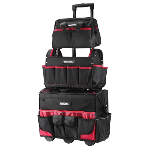 HAUTMEC 3-Piece Rolling Tool Bag Set, 18" Wheeled Tool Bag, 15" Open Top Tool Tote & 12" Wide Mouth Small Bag, Heavy-Duty 1680D Water-Resistant Tool Storage with Off-Road Wheel & Telescoping Handle - style: 3-Pcs Set | Black