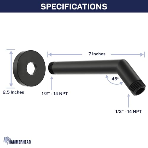 HammerHead® Solid Metal Shower Arm and Flange - 7.5 Inch 304 Stainless Steel Extension Pipe - Universal Shower Head Arm with Flange and Locking Screw, Matte Black - color: Matte Black