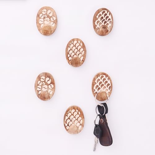 Indian Shelf 6 Piece Wooden Adhesive Wall Hooks for Bags, Keys, Hats - color: Brown Style 9