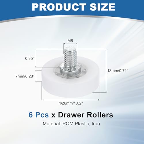 uxcell 6Pcs 26mm Drawer Rollers, M6 x 0.35" Thread Plastic Positioning Pulleys Flat Surface Small Drawer Pulley Bearing Replacement Wheel for Furniture Parts Cabinet Cupboard Slides - size: 26mm M6 x 0.35"
