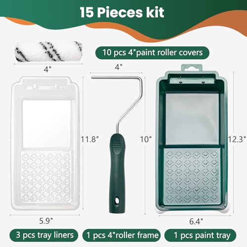 Paint Roller Kit, 15 Pcs 4 Inch Small Roller, Paint Tray, Paint Tray Liners and Paint Roller Frame, Home Improvement Paint Supplies, Mini Paint Rollers for Painting Walls