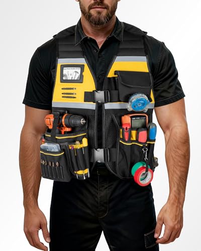 Electrician Tool Vest for Men, Carpenter Safety Work Vest - color: Black With Yellow