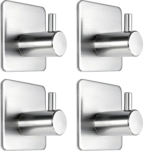Fotosnow Adhesive Towel Hooks 15lbs Heavy Duty Wall Hooks Waterproof Stainless Steel Hanger for Hanging Coat, Hat, Towel Robe Hook Rack Wall Mount- Bathroom and Bedroom 4-Packs - color: Silver-4 Pack