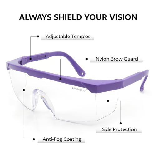 UKNOW Safety Glasses 2 Pack - Anti Fog Safety Goggles ANSI Z87.1 - Adjustable Protective Eyewear - Clear Lens Lab Goggles - color: Purple