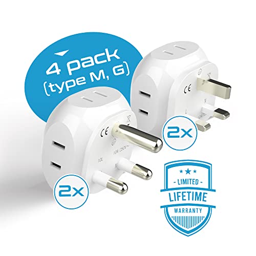 Ceptics South Africa Travel Plug Adapter Set - 4 Input - Ultra Compact - Light Weight - Type M and Type G - USA to Any Type M Countries Such as Botswana, Namibia - 4 Pack (PT-7-10L-4PK),White - size: 4 Pack, style: Type G, M - South Africa set