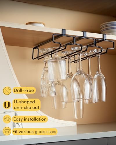 LINFIDITE Wine Glass Holder 2PCS Stemware Rack Hanger Under Cabinet Wine Glass Rack Kitchen Hanging Storage Rack Organizer,Black (For Partition Thickness under 0.98") - color: Black, size: Shelf Thickness Under 0.98in