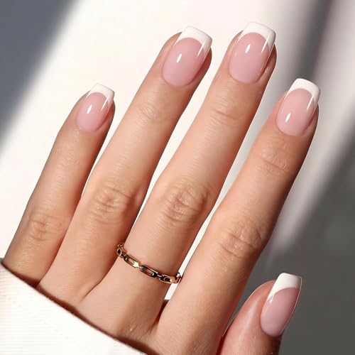 Beetles Pink French Tip Press on Nails - Short Square, 64 PCS 16 Sizes - color: 1C - French in Pink Base - S