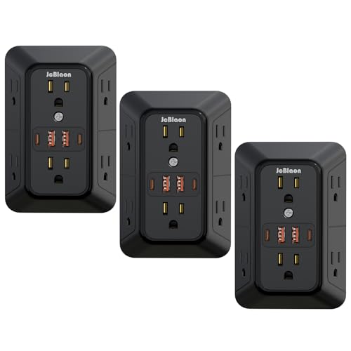 JcBlaon 3 Pack Outlet Extender Surge Protector, 6 Outlet Splitter with 4 USB Ports (2 USB C),1050J 3-Sided Multi Plug Wall Outlet, USB Wall Charger for Home Office Kitchen Travel（Black）-ETL - color: Black 3PCS