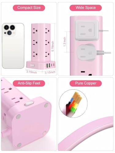 6FT Power Strip Tower Surge Protector, 12 Wide Spaced Outlets, 4 USB - color: Pink, size: 6FT without Wireless Charging