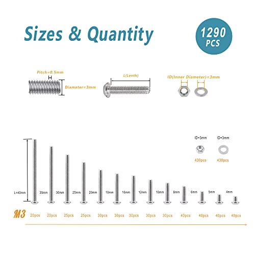 KADRICK 1290PCS Stainless Steel M3 Screw Aassortment Kit,Length 4mm to 40mm - size: SS M3 1290Pcs 4-40mm
