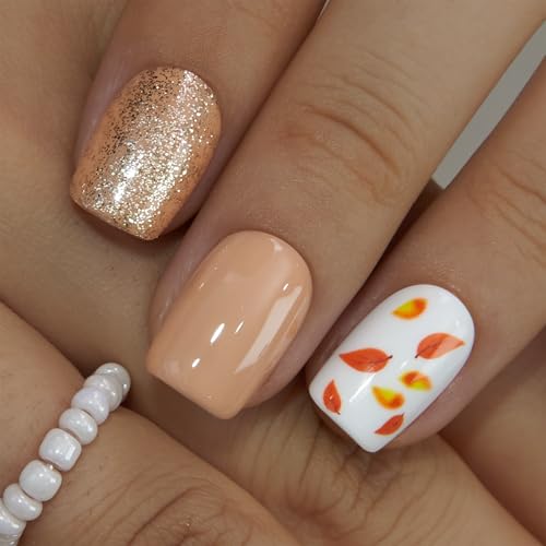 CurvLife Short Square Press On Nails, Autumn-Inspired Brown, Soft Gel - color: Autumn-Inspired Brown Nails with Glitter and Leaf Design