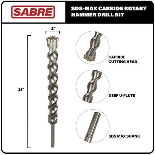 Sabre Tool 2 Inch x 21 Inch SDS MAX Rotary Hammer Drill Bit, U-Flute, Carbide Tipped for Brick, Stone, and Concrete SDS MAX Drivers ONLY (2inches x 15inches x 21 - size: 2" x 21" SDS MAX